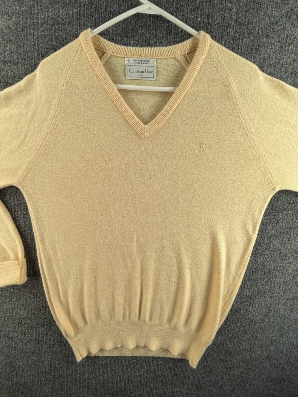 Christian Dior Sweater Yellow Logo Pullover Medium Women USA V-Neck Solid Knit